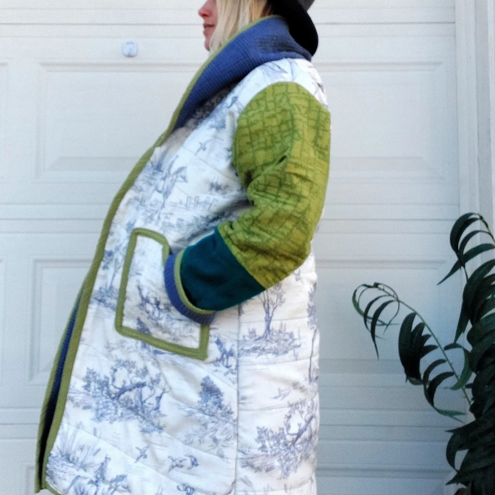 Handmade Chic Multicolor Trench Coat Blue Delft Country Colorblock - Picture 2 of 6